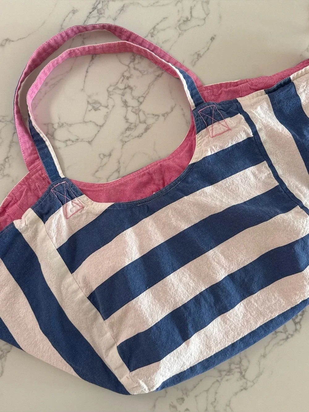 Mersea Gemini Reversible Beach Bag Tote - Blue / White Stripe & Pink